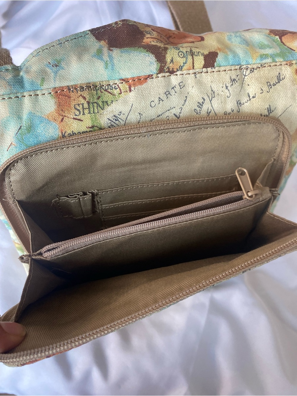 Vintage Fossil Floral Map-Print Canvas Crossbody in Teal, Tan & Orange Accents - Picture 4 of 6